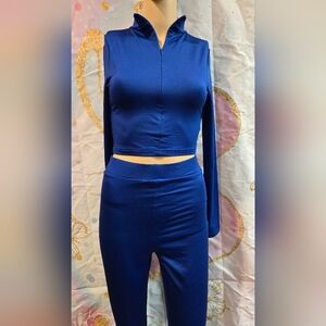 Women's Size XS 2pc Legging & Half Zip Crop Top Set Royal Blue 28" Inseam